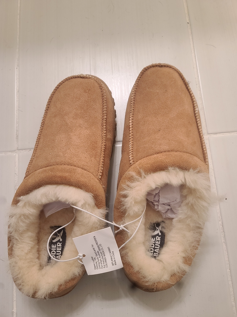 Eddie Bauer Taupe Suede Shearling-Lined Slippers